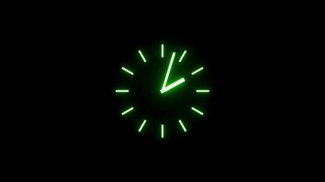 Abstract neon clock, time flow with chaos and reversal, glowing futuristic time concept