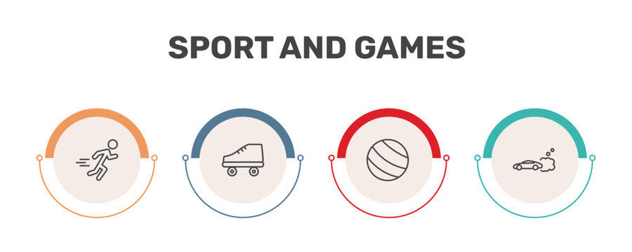 sport and games icon set with excersice, roller skate, exercise ball, drift car signs in flat outline style