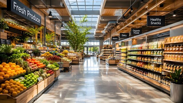 interior layout of a modern supermarket fresh produce aisle with vegetables and fruits on displays