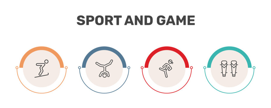 sport and game icon set with jumping ski, capoeira, pencak silat, shin guards signs in flat outline style