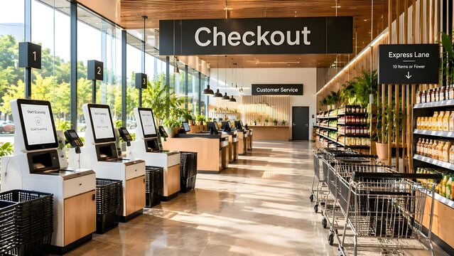 modern store checkout area with self service terminal kiosks and shopping carts in a supermarket