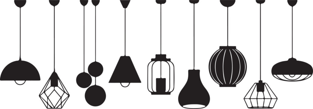 Set of various modern and minimalist hanging pendant lamps and chandeliers in black silhouette.