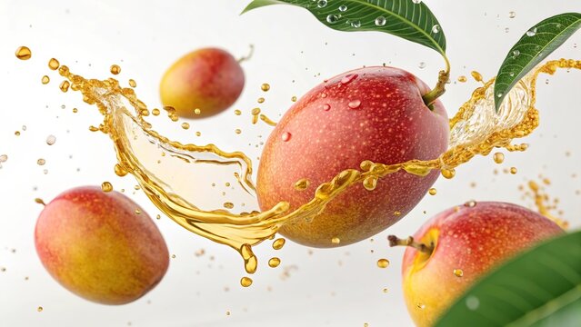 Fresh mango pieces splashing with water droplets on white background.
