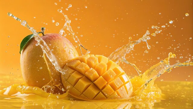 Ripe golden mango splashing with juice on vibrant orange background.
