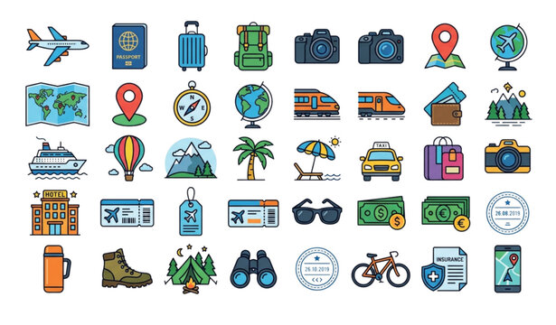Travel and tourism icons set vector illustration for vacation and adventure concepts