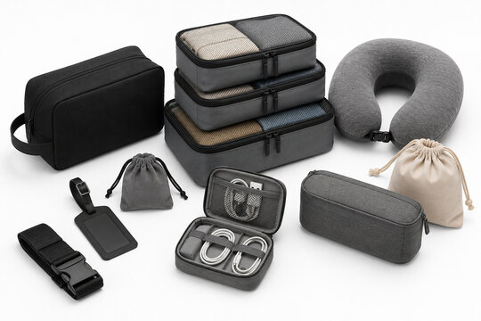 Travel packing cubes and luggage organizer accessories on white background