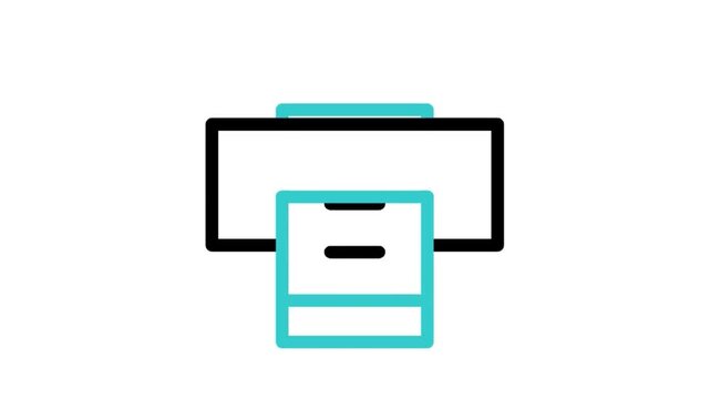 Animated printer printing document paper icon loop motion graphic, office equipment and hard copy printing symbol, isolated on white background