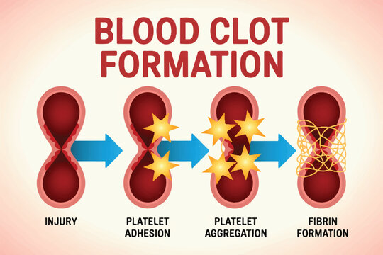 Illustration showing steps of blood clot formation from injury to platelet aggregation and final fibrin mesh development process.