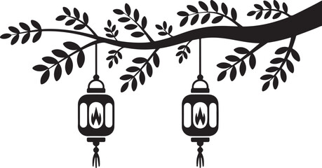 Naklejka premium Branch with leaves holding two hanging lanterns with glowing fire flames inside creating peaceful oriental atmosphere at night.