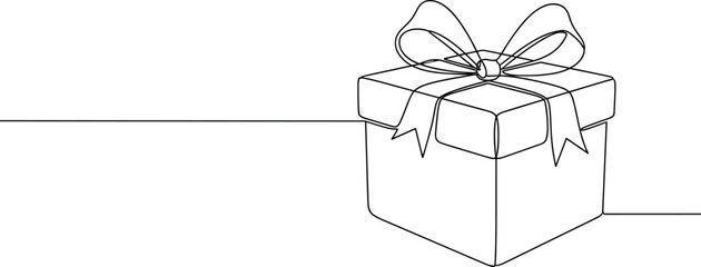 Gift box with a large ribbon bow continuous line art drawing with single line minimalist present for holiday celebration greeting card concept. © EDEN QUEEN