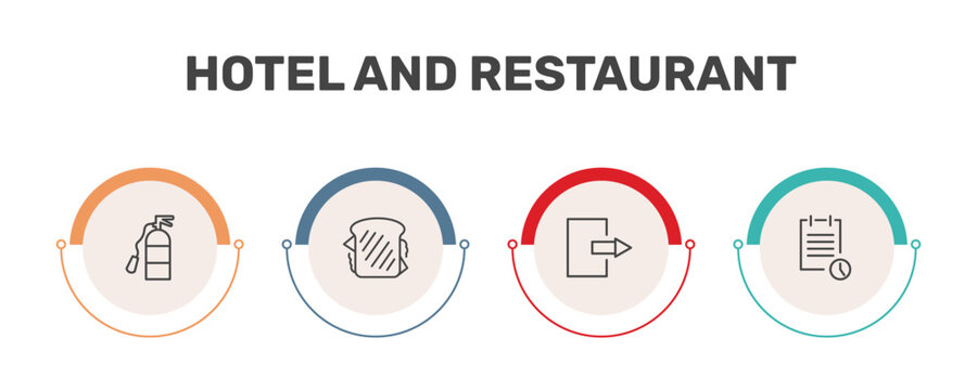 hotel and restaurant icon set with fire extinguisher, sandwich, check out, reservation signs in flat outline style