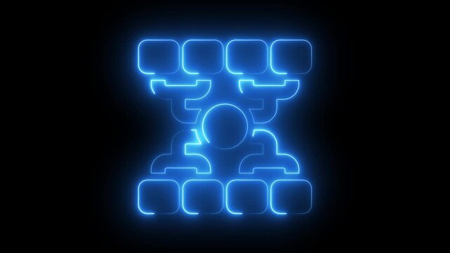 Neon blue digital flowchart animation, abstract data structure and network connectivity diagram