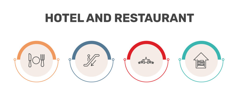 hotel and restaurant icon set with meal, or down, five stars, hostel signs in flat outline style