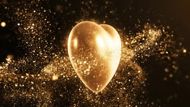 Golden heart glows brightly amidst sparkling particles in dark space