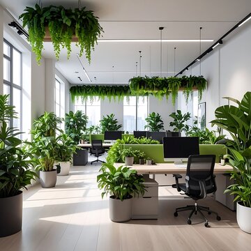 Lush green plants adorn a modern office space