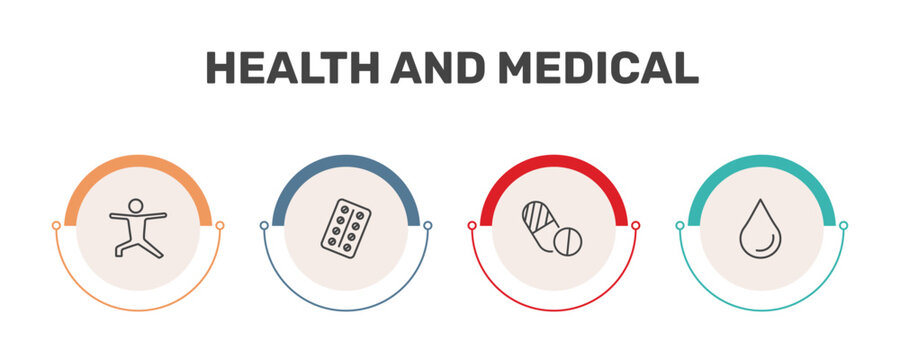 health and medical icon set with exercise, medical strip, contraceptive pills, blood signs in flat outline style