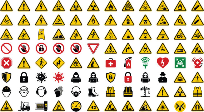 Industrial safety warning sign mega vector icon bundle featuring hazard caution prohibition and mandatory personal protective equipment symbols for workplace compliance
