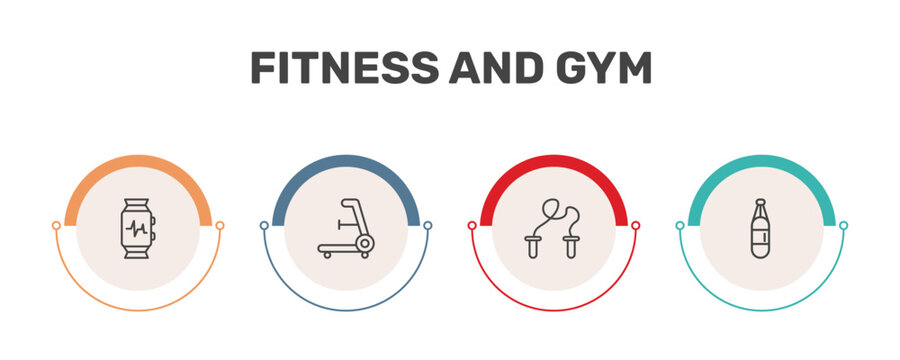 fitness and gym icon set with fitness watch, rowing hine, skipping rope, boxing bag signs in flat outline style