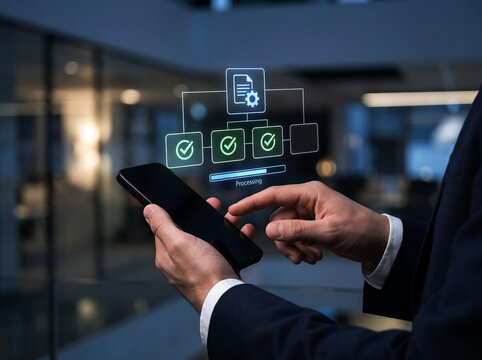 Businessman holding smartphone interacting with digital processing interface featuring checklist icons and progress bar symbolizing task completion mobile application software for business.