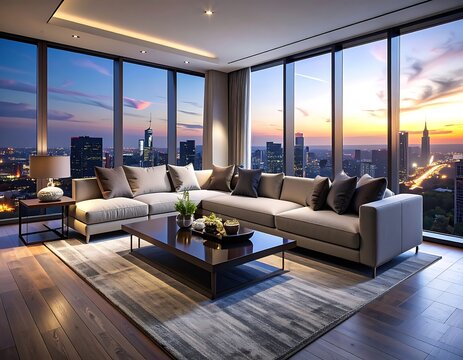 Modern living room with cityscape view at sunset (4)