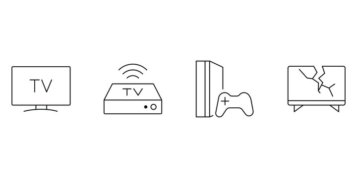 Television device outline icon set with smart tv box console broken screen vector illustration.