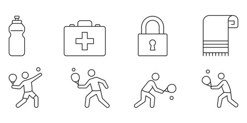 Padel tennis sport outline icon set with player bottle medical kit towel vector illustration. © suman