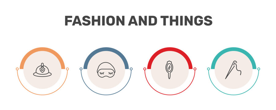 fashion and things icon set with firefighter hat, sleeping mask, mirrors, stitching signs in flat outline style