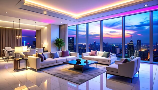 Modern luxury living room with city view at sunset (1)