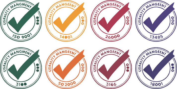 Set of eight round quality management stamps with different iso certification standards and check mark symbols in four colors.