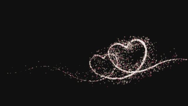 abstract pink gold twin hearts line trail forming from glowing particles on black background for wedding valentine day romance and luxury love motion graphics