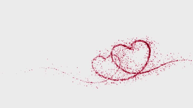 abstract red twin hearts line trail forming from floating particles on white background for minimalist wedding valentine day romance and love motion graphics
