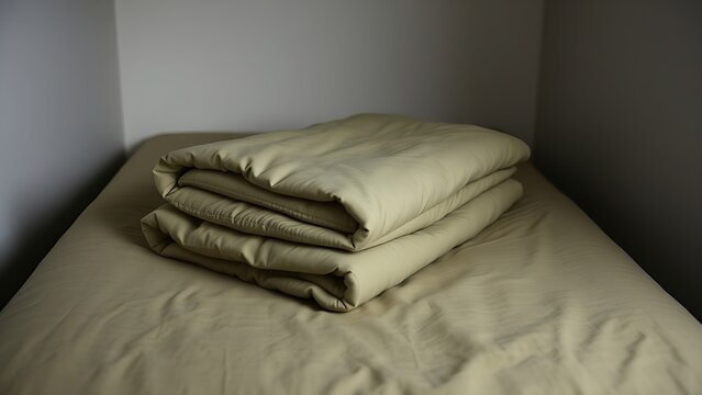 A perfectly folded blanket with sharp corners on a minimalist military bed.