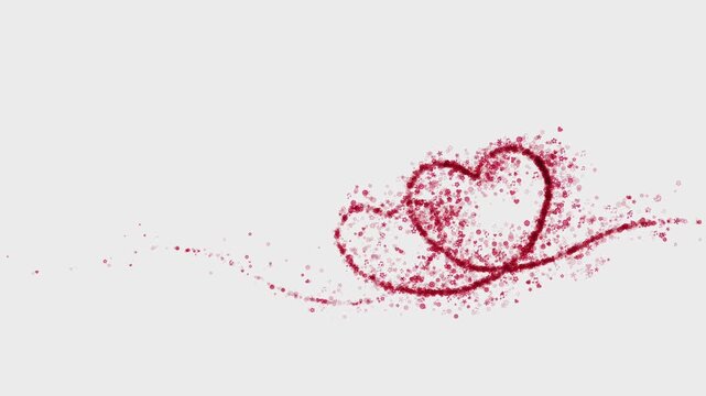 abstract red twin hearts line trail forming from floating particles on white background for minimalist wedding valentine day romance and love motion graphics