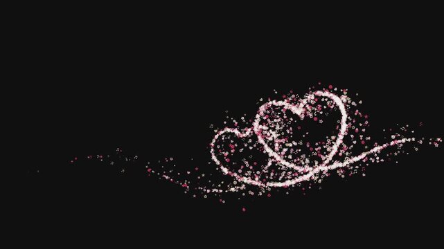 abstract pink gold twin hearts line trail forming from glowing particles on black background for wedding valentine day romance and luxury love motion graphics