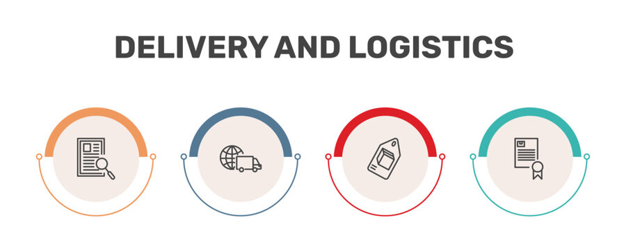 delivery and logistics icon set with waybill, worldwide delivery, delivery tag, charter signs in flat outline style
