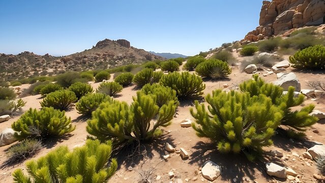 Sun-baked Mediterranean scrubland with low evergreen shrubs and rocky terrain.
