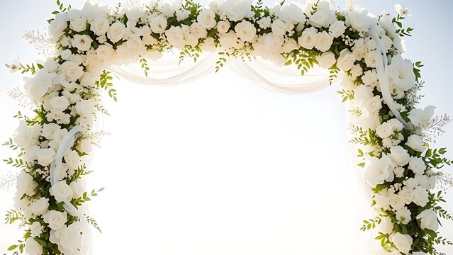 A wedding arch made of white flowers and sheer fabric in soft daylight.