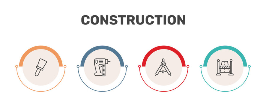 construction icon set with construction palette, , drawing compass, road stopper signs in flat outline style