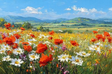 Fototapeta premium Vibrant wildflower meadow with scenic mountain backdrop.