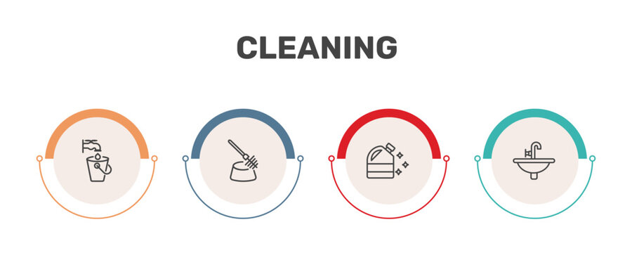 cleaning icon set with faucet cleanin, toilet brush cleanin, bleach cleanin, sink signs in flat outline style