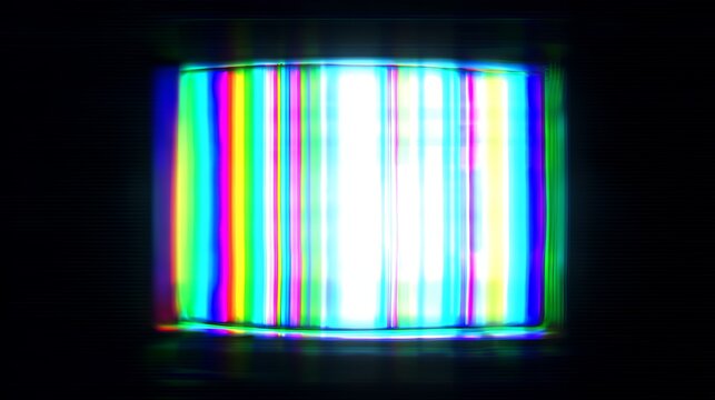 Glowing vertical glitch monitor screen with chromatic aberration, colorful distorted CRT television static noise background.