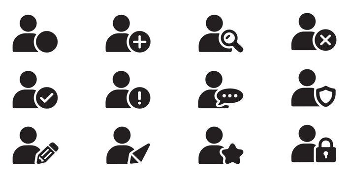 Set of user account icons showing actions such as adding, searching, deleting, checking, and editing profiles.