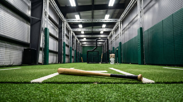Professional baseball training center lane with artificial grass and batting practice equipment