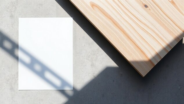 Blank white paper mockup with geometric shadow on concrete surface next to a wooden board