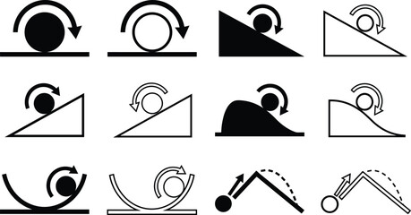 Physics Rolling Ball Dynamics Icon Set Featuring Rotation Arrows, Inclined Planes, Slopes, Curved Surfaces, and Trajectory Motion Diagrams for Educational Science and Engineering Graphic Designs © Ckd