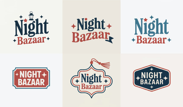 Various night bazaar logos featuring lanterns and star decorations for local community marketplace branding and event signage.