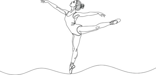 Ballet dancer ballerina performing an arabesque pose continuous line art drawing with single line elegant female character dancing on stage. © EDEN QUEEN