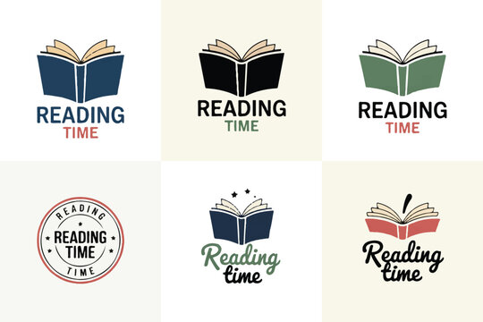 Educational emblems featuring open book icons with creative typography reading time text for bookstore library school projects.
