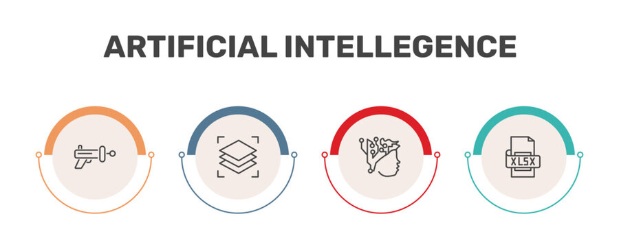 artificial intellegence icon set with blaster, layers, intelligence, xlsx signs in flat outline style
