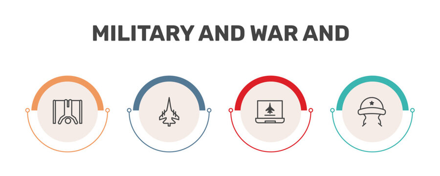 military and war and icon set with torture, fighter plane, computer, military helmet signs in flat outline style